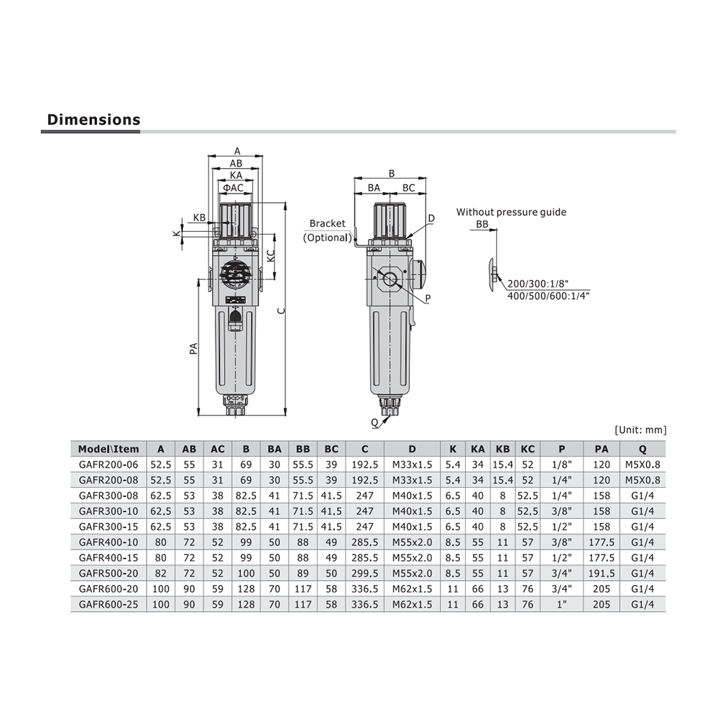 GAFR40010LNWT AIRTAC PARTICULATE FILTER/REGULATOR<BR>GAFR400 SERIES 3/8" NPT 20-58 PSI 5 MIC W/ GA MNT BRK